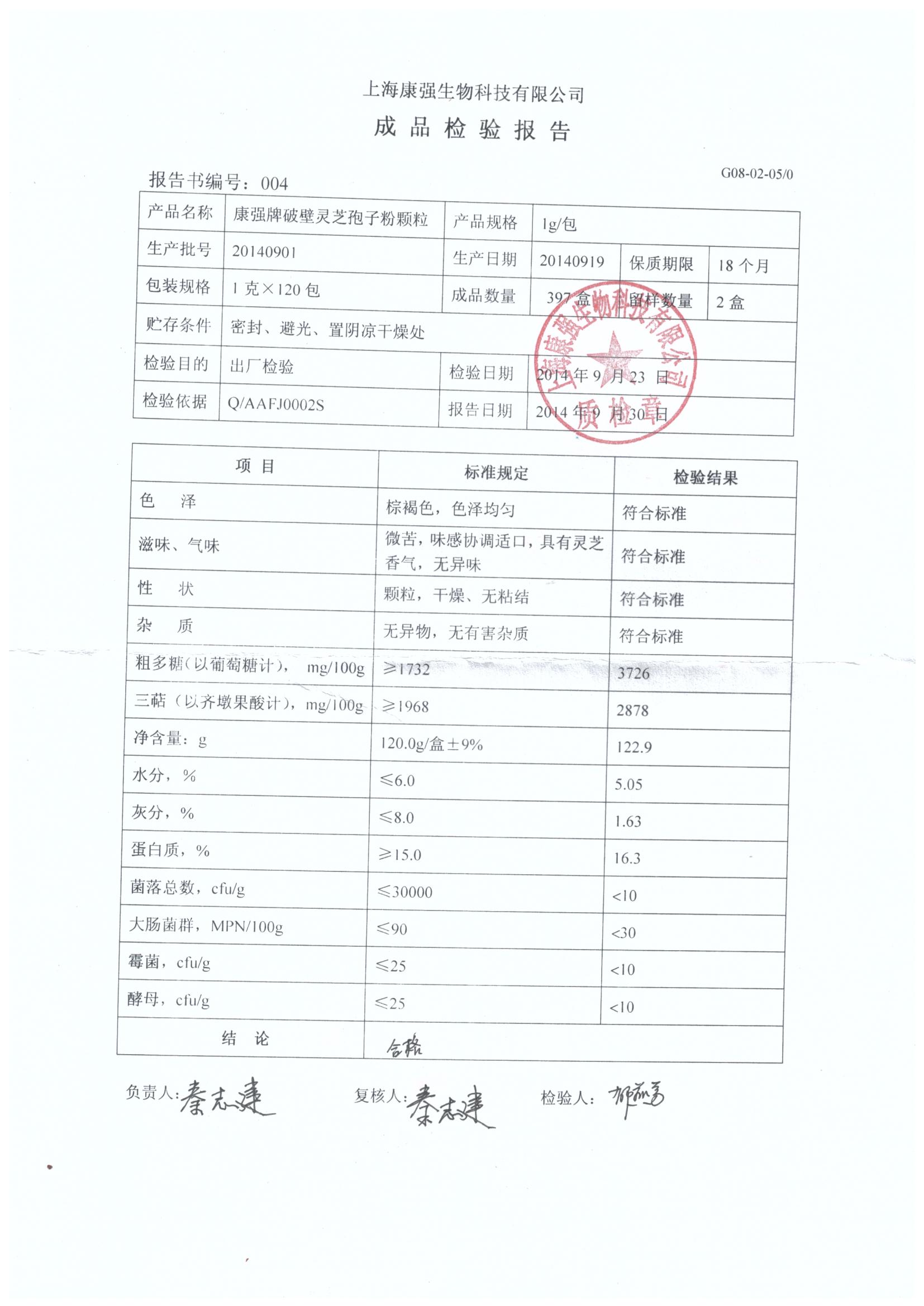 菇新破壁灵芝孢子粉检测报告