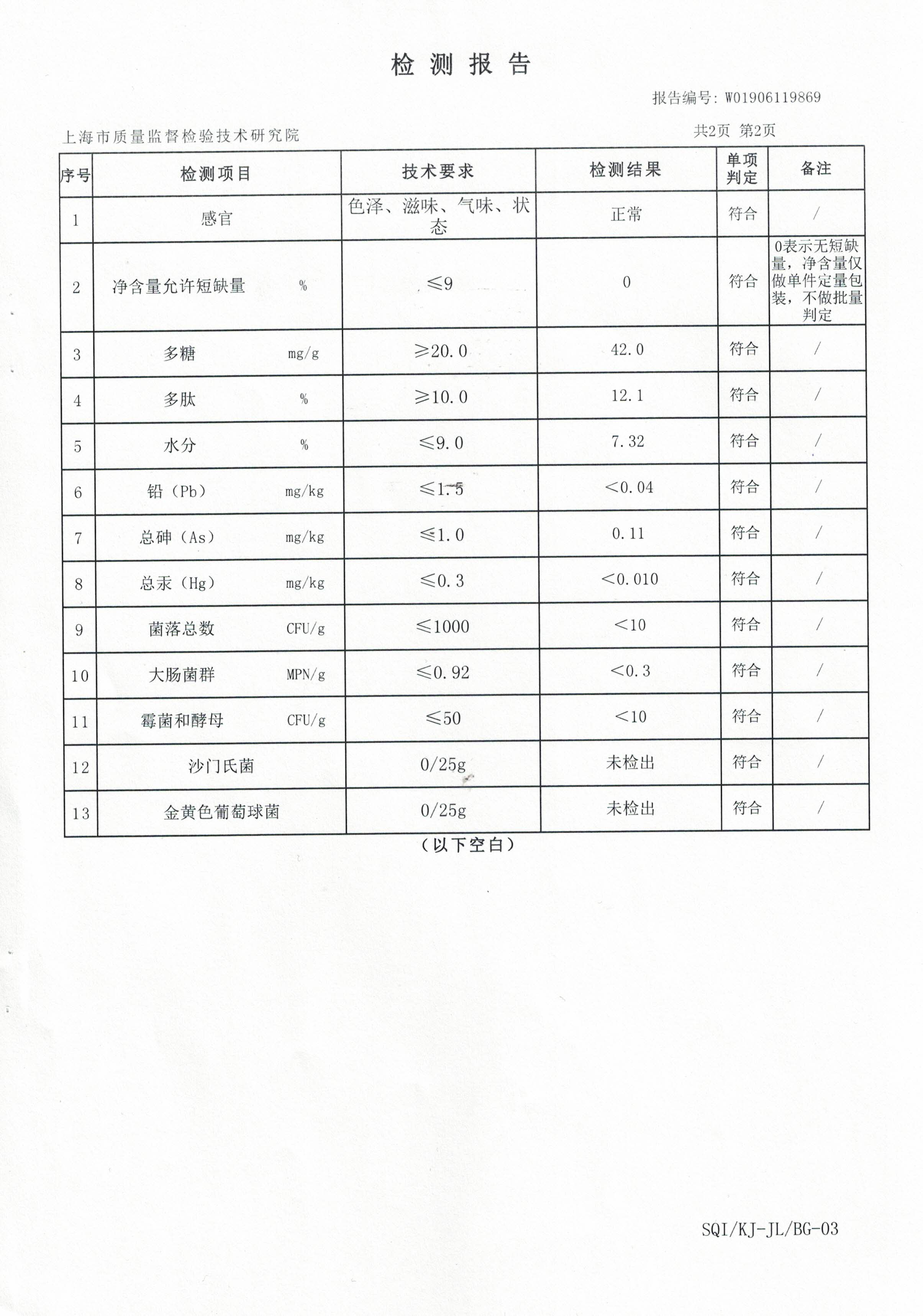 2019年 8月26日 大汉灵芝菌丝体胶囊 产品检测报告